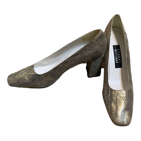 Stuart Weitzman gold snake skin shimmer block heel pump shoes size 9 AA - Picture 5 of 10